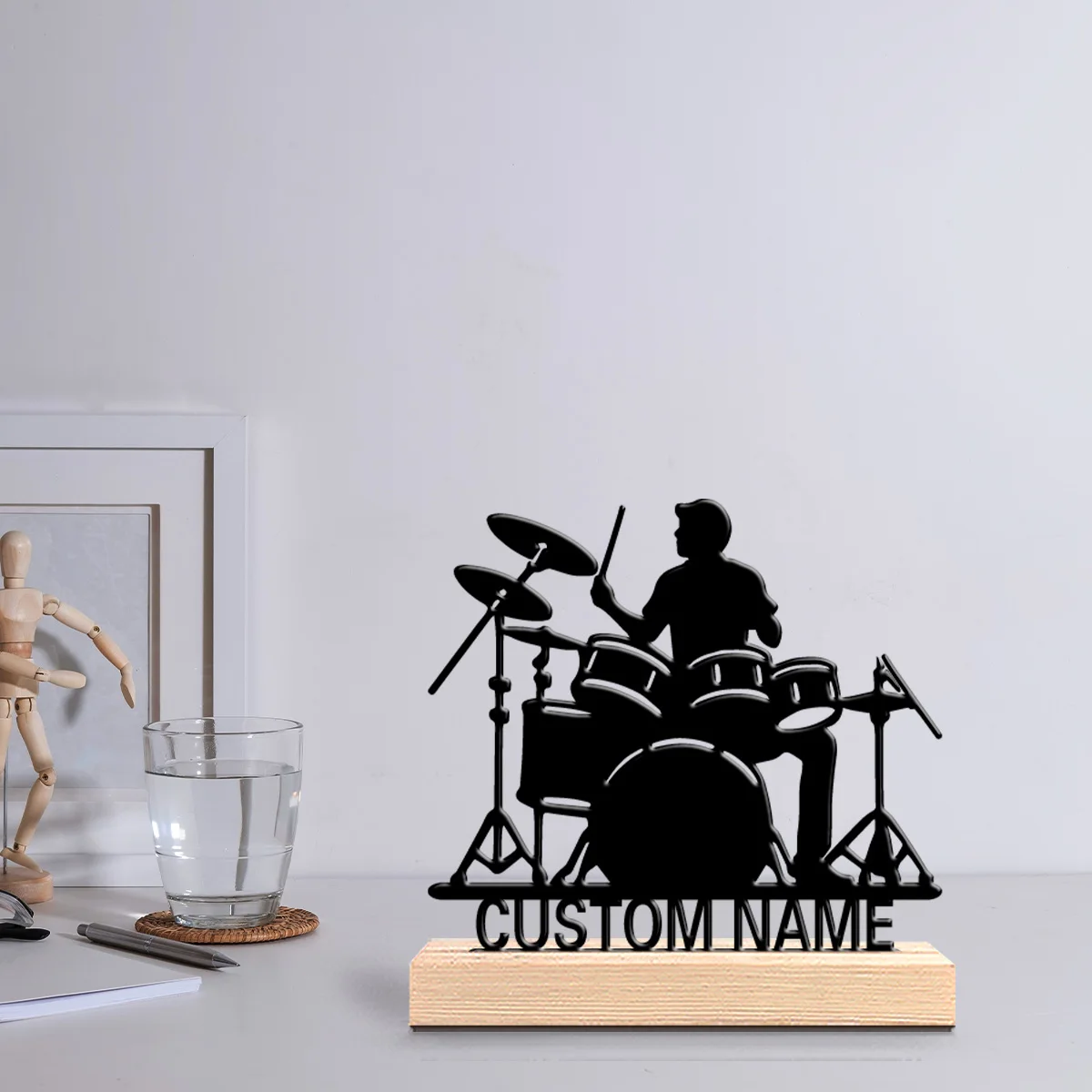 1pc Romantic Personalized Custom Beat A Drum Musical Instruments Metal Statues Metal Art With Wooden Base Perfect For Musicians,