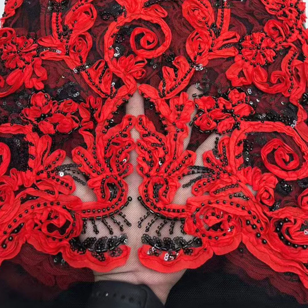 

Damask Floral Ribbon Embroidery African Lace Fabric French Tulle Mesh Bead Sequin High Quality Wedding Party Dress Sewing Fabric
