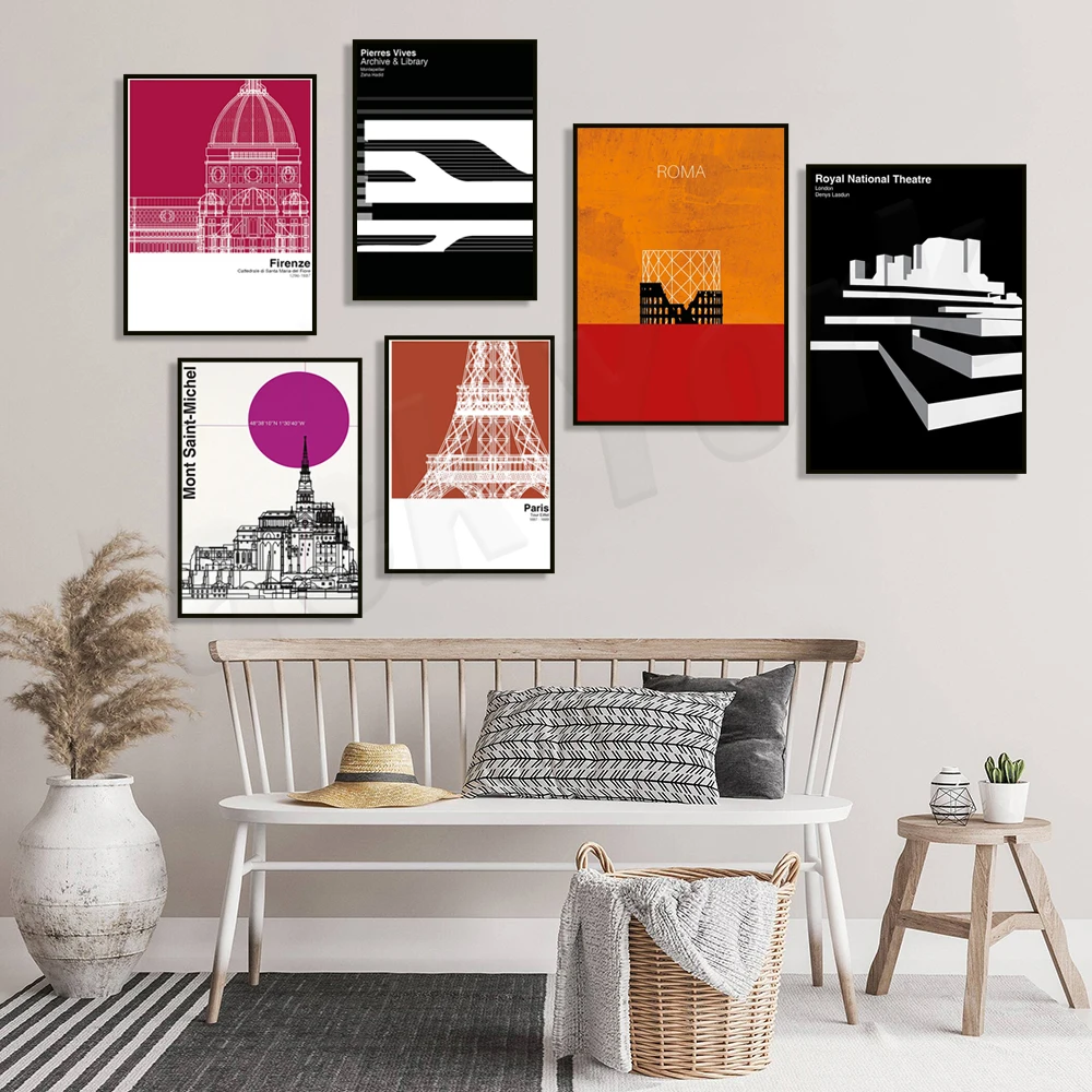 Mont Saint Michel, France, Cologne graphics, Eiffel Tower in Paris, Santa Maria del Fiore Cathedral in Rome, architecture poster