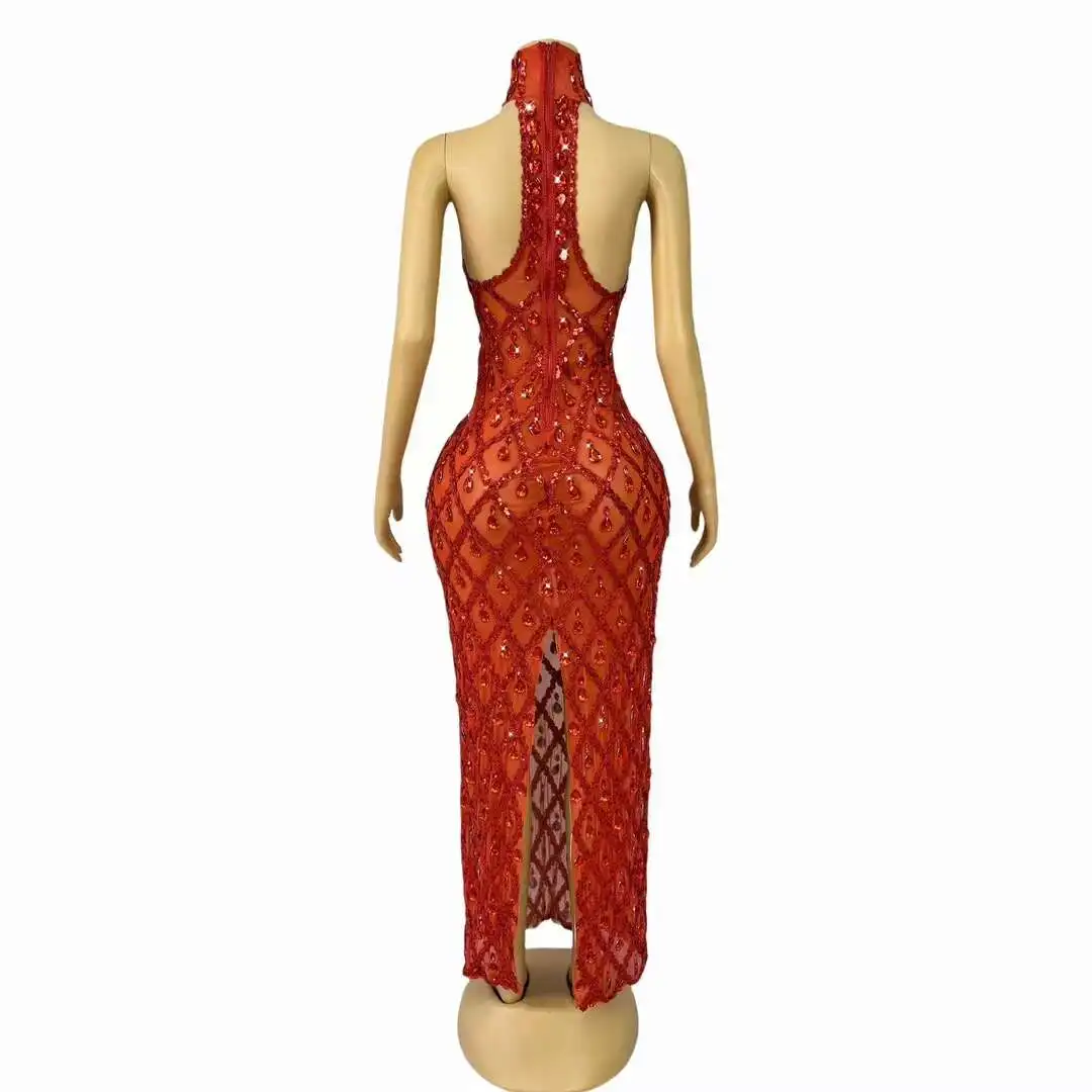 Frauen glänzend rot Strass Pailletten Kleid Abend Abschluss ball Geburtstags kleid transparente Leistung Sänger Club Host Kleid Shaokaojia