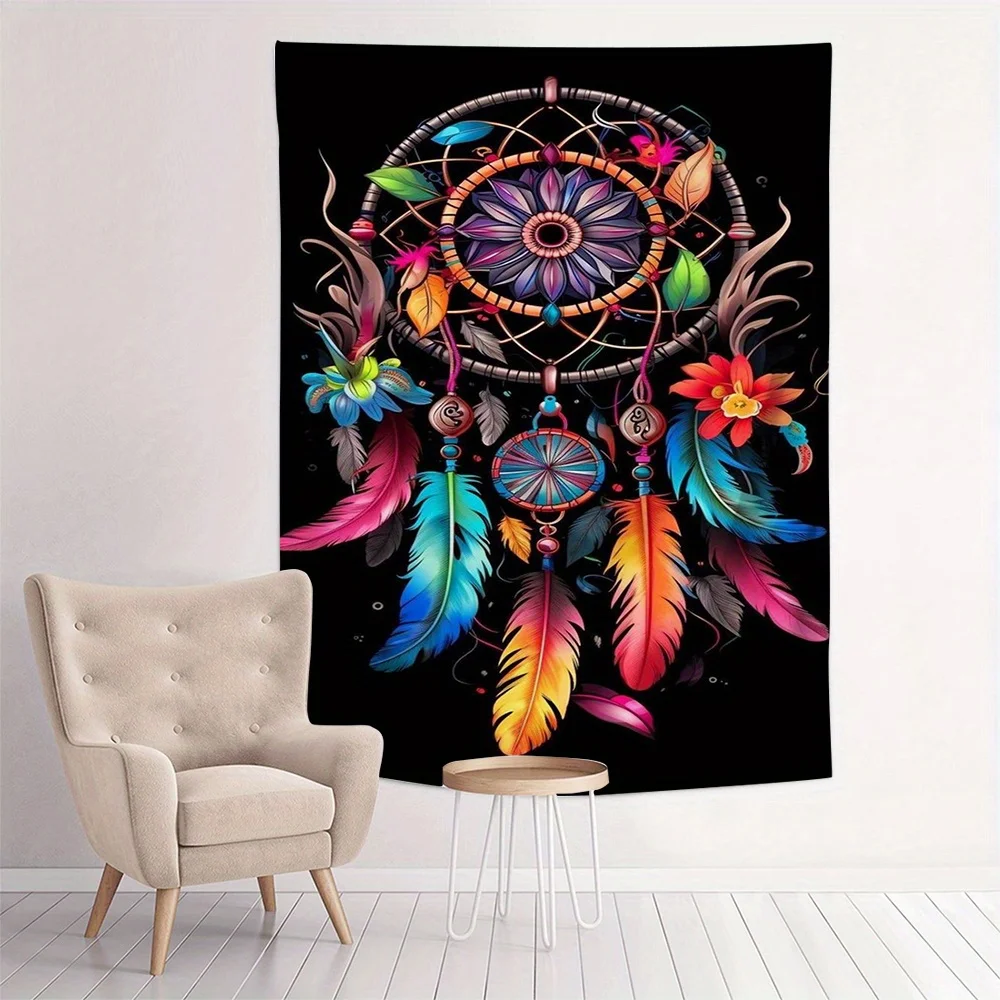VIKAMA Vintage Handmade Dreamcatcher Tapestry Rainbow Feather Floral Decor Bohemian Style Living Room Accent Wall Room Decor
