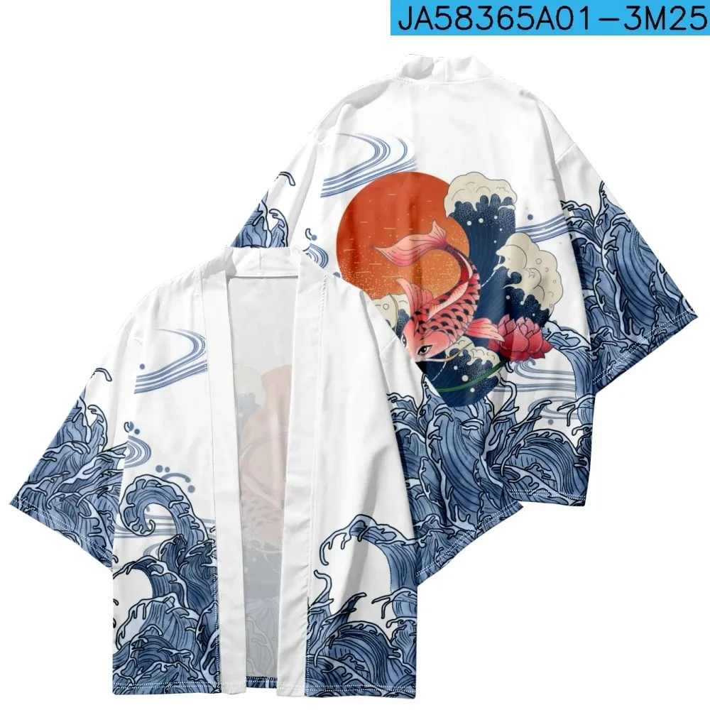 Summer Japanese Kimono for Men/Women Harajuku Wave Carp Print Traditional Bathrobes Short Sleeves Beach Shirt Chic Kimono Mujer