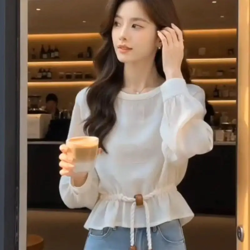 2026Spring Summer Newgentle Style Niche Pullover Round Neck Small Shirt with Waist Cinching Tie Up Stylish Versatile Tshirt Tops