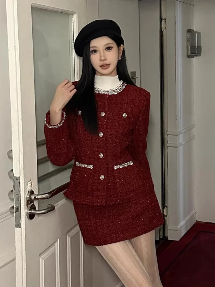 جودة عالية أزياء تويد الدعاوى النساء الحلو شيك سترة معطف + تنورة قصيرة 2 قطعة مجموعات الإناث الفرنسية أنيقة قطعتين وتتسابق #6