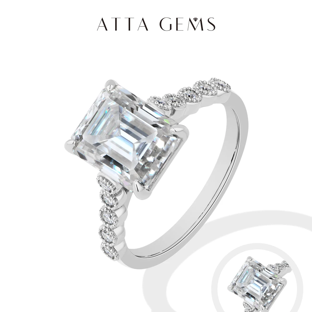 

ATTAGEMS Luxury Emerald Cut Moissanite Rings forWomen S925 Silver 4CT Solitaire Engagement Band with Pavé Accents Bridal Jewelry