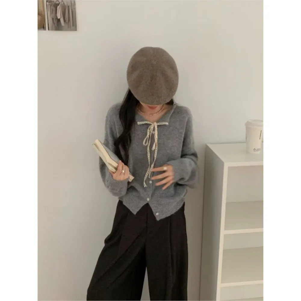 Koreanische Spitze-up Spitze Revers Pullover Kleinen Mantel frauen Einfarbig Vielseitig Strickjacke Komfortable Zieht Femmes Alle-spiel