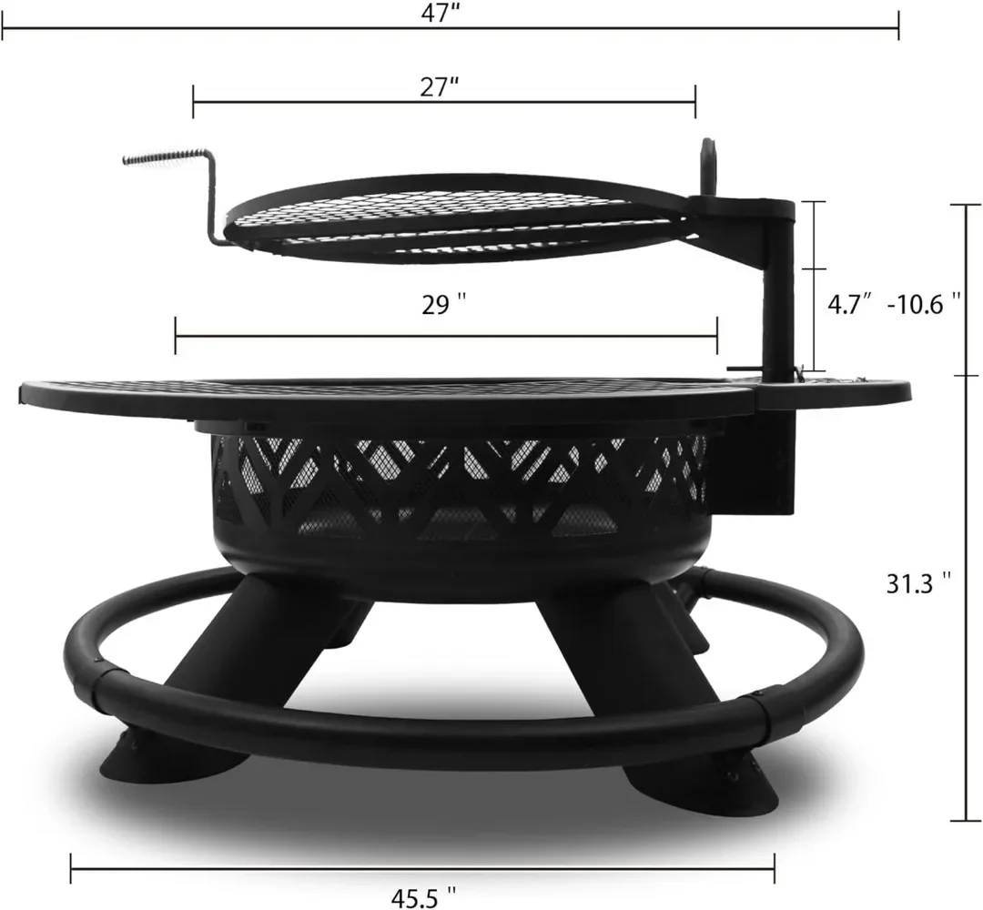 47" Fire Pit Table with Adjustable Grill Top, Safety Ring, Cooking Grate, Steel Wood Burning Fire Pit Table