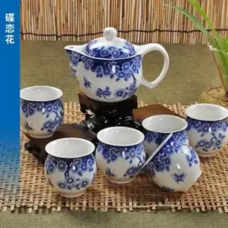 Jingdezhen 7Pcs Tea Set Blue and White Porcelain Double Wall Cup Creative Flower Dragon Moutain Teapot Kung fu tea set Teaware