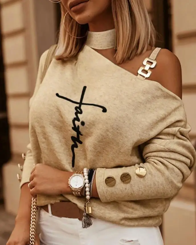 

Fashion Woman Blouses 2022 Autumn Letter Print Cold Shoulder Chain Strap Casual Button Diagonal Collar Long Sleeve Daily Tee Top