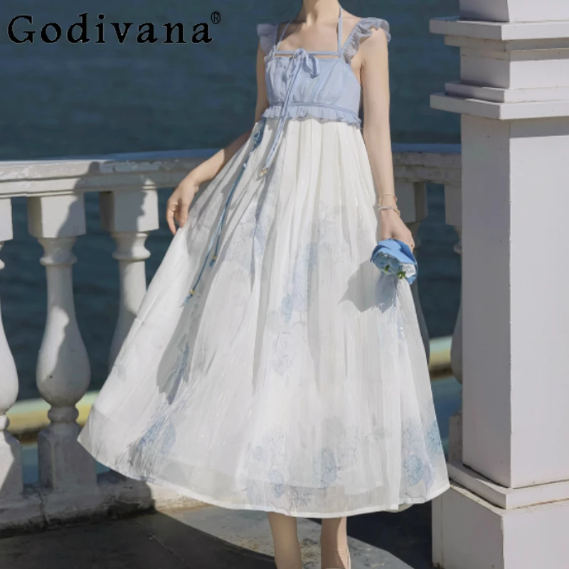 

Lolita Summer Blue Temperament Square Collar Princess Suspender Dress New Chinese Sweet Girls High Waist A-line Long Dresses