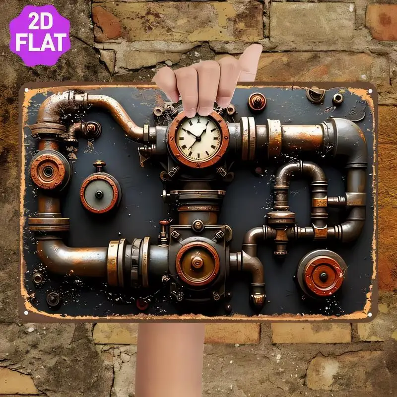 Steampunk Pipes & Clock Vintage Metal Sign - Retro Rustic Copper-Black Iron Wall Art for Bars, Cafes, Industrial Home Decor | St