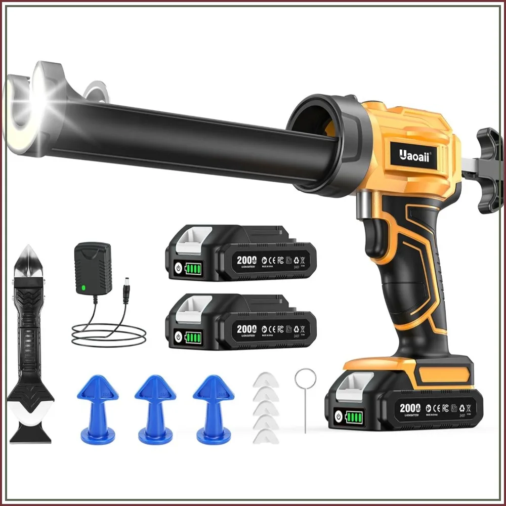 

Cordless Caulking Gun, 2x2000mAh Batteries, 9Pcs Tools, 4 Speeds, LED Light, 10OZ for Filling & Sealing