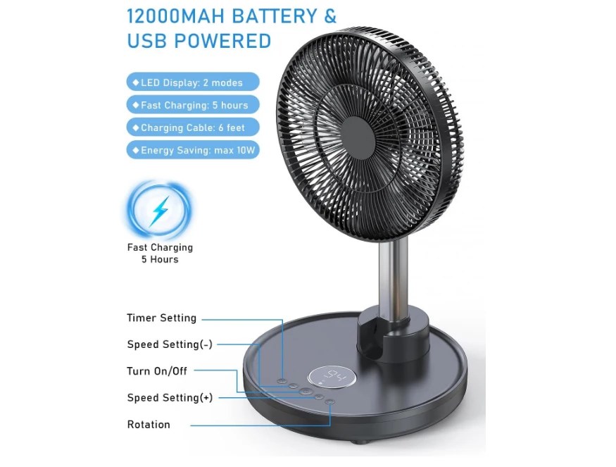 Dobrável oscilante Standing Fan com controle remoto, portátil, silencioso, recarregável, configuração do temporizador, piso, quarto, casa, escritório, 12"