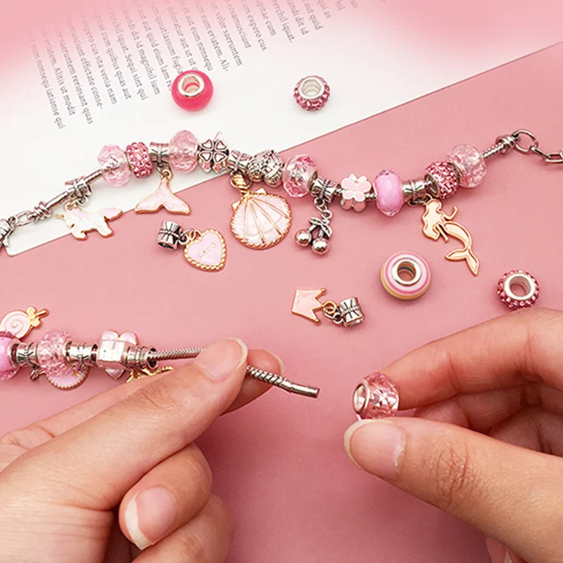 ﻿Girls DIY Bracelet Making Kit Set Bead Game Handmade Jewelry Alloy Material Crystal Beads Children Pretend Play Game QC-TMZ﻿﻿