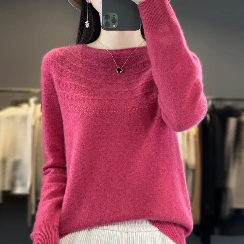 Autumn and winter new ladies 100% pure wool knitted O-neck solid color long sleeve loose slim fashion Joker pullover