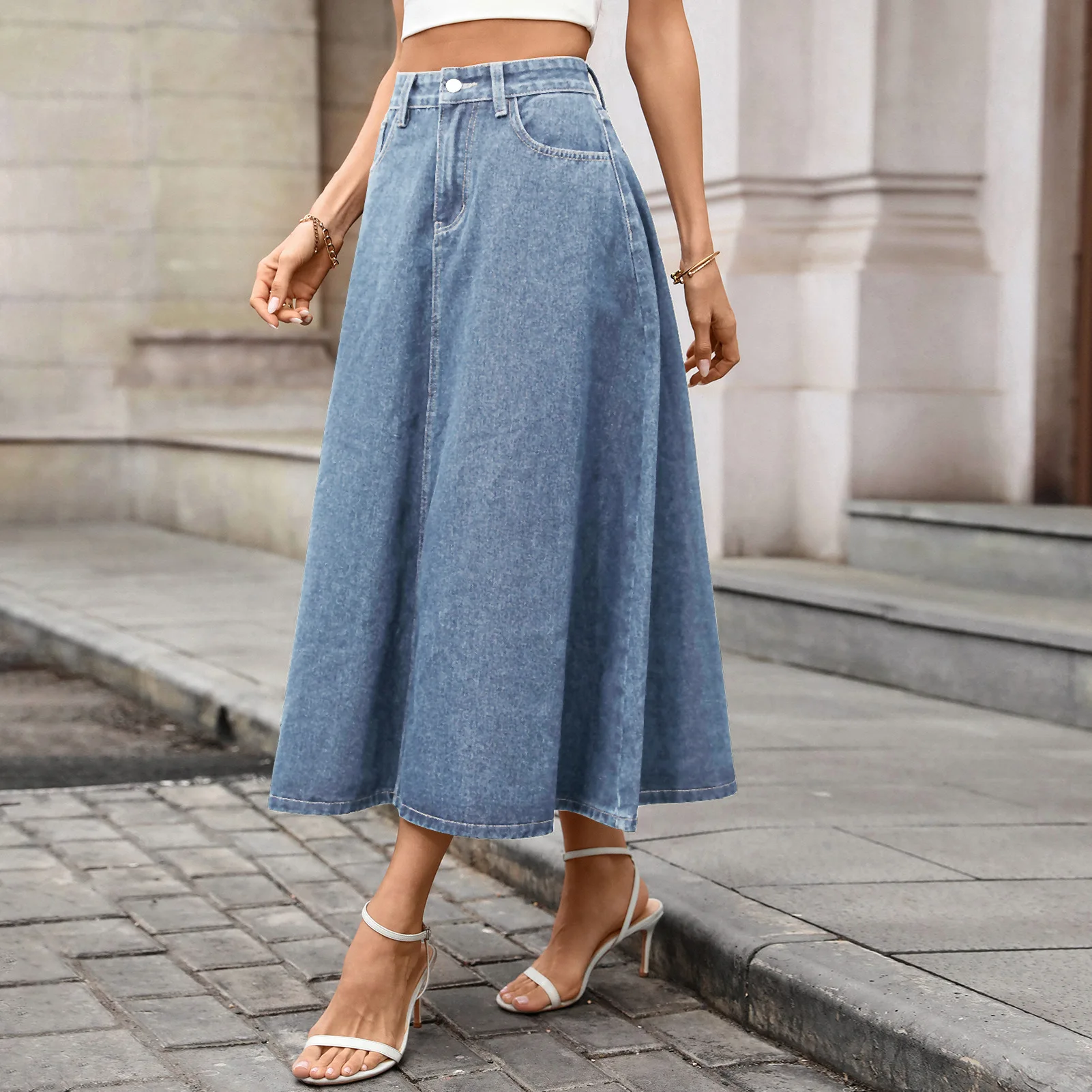 Chic Spring/summer Vintage Denim Skirts Bottom Women Streetwear Fashionable Loose High-waisted Pocket Denim Umbrella Skirt Y2K view 4