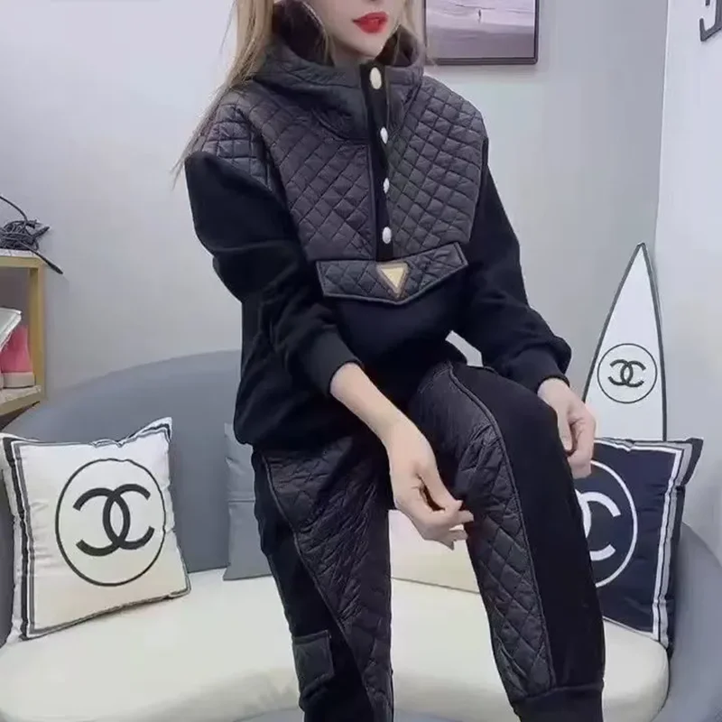 2025 Spring Autumn Two-piece Sets Thick Warm Contrasting Color Hooded Down Cotton Coat + Pants Suits Women's All-match Warm Suit