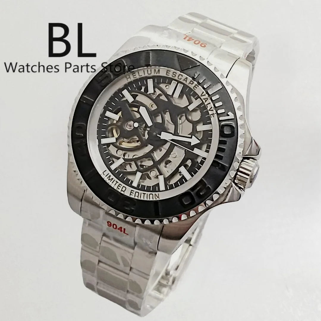 BLIGER 43mm NH72 Automatic Mechanical Watch For Men Skeleton Dial Green Luminous Sapphire Glass 904L Steel Bracelet Waterproof