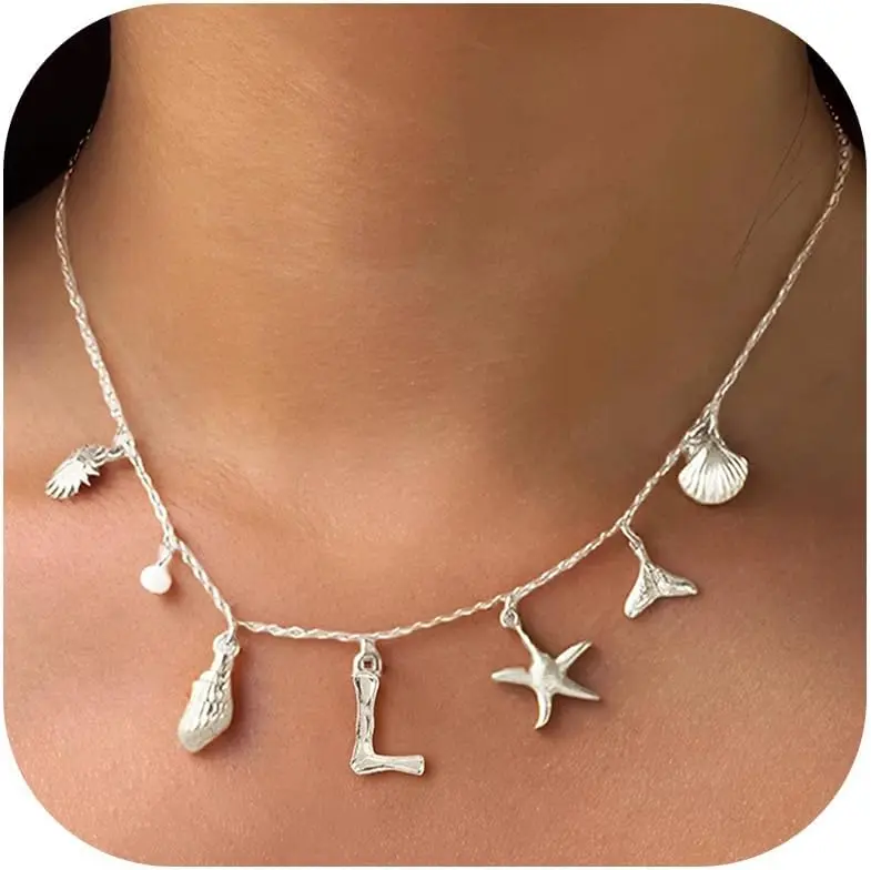 

Initial Charm Necklace Beach Jewelry for Women Trendy Shell Letter Pendant Summer Surfer Jewelry Gifts Boho Starfish Pearl