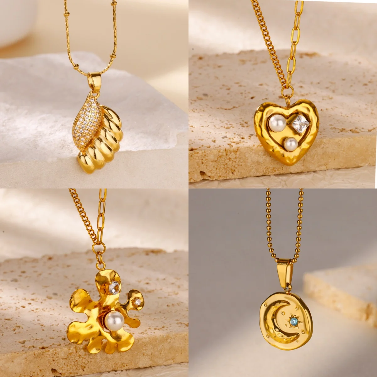 Elegante Herz-Zirkonia Damen-Anhänger-Halsketten Edelstahl 18K Vergoldet Blumen-Imitationsperlen Alltagsschmuck Halskette