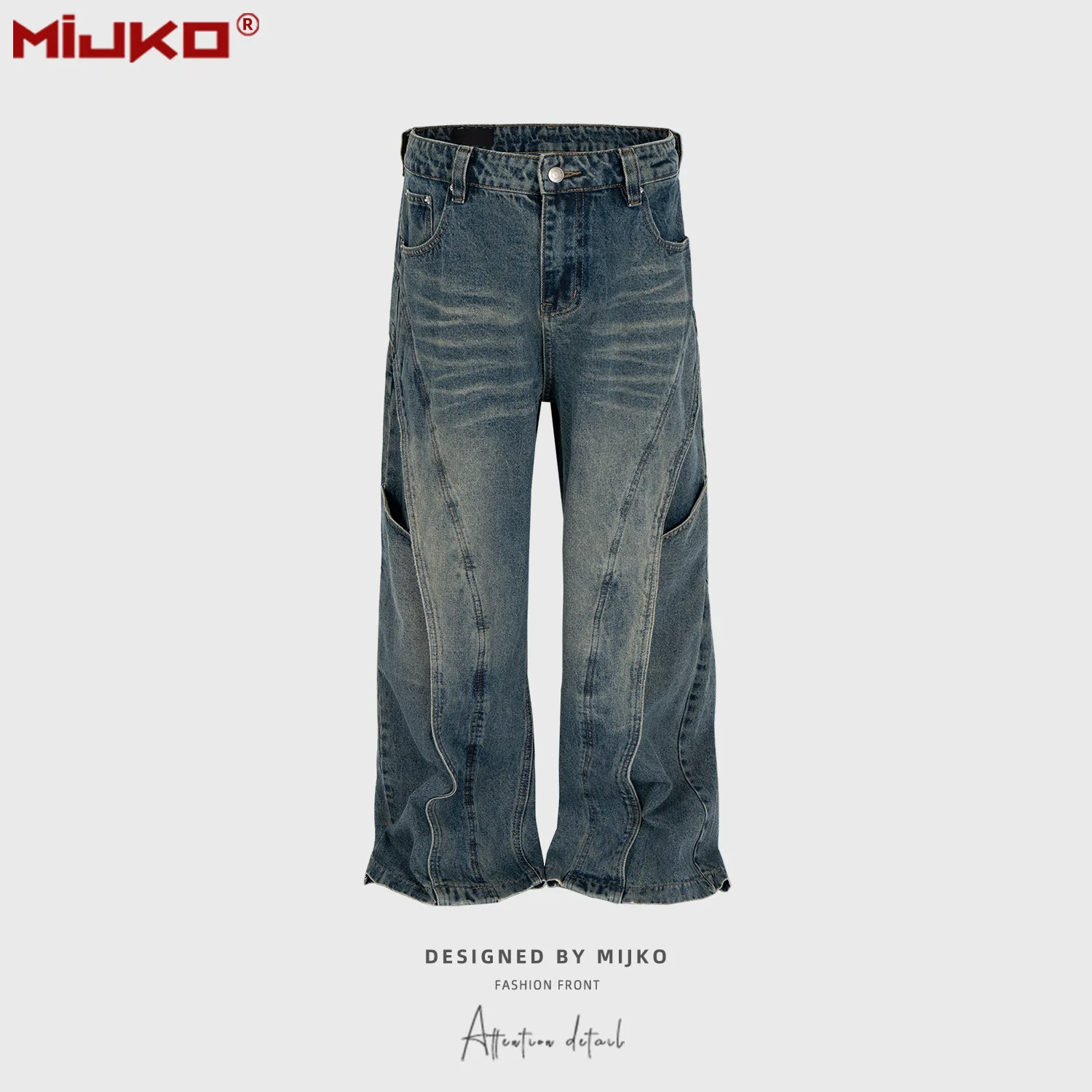 

MIJKO Retro American Washed Distressed Design Loose Straight Leg Jeans Men's and Women's Pants Casual Jeans