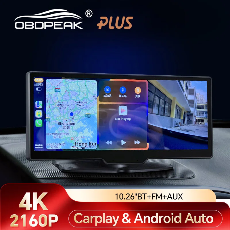 OBDPEAK K2 10.26 Inch Car DVR 4K 3840*2160P GPS Carplay&Android Auto Dash Cam Dashboard GPS Navigation 5G WIFI Driving Recorder