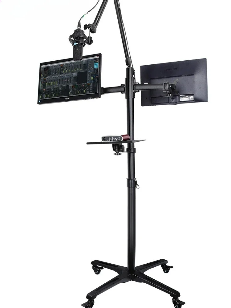 LVS504 dual display floor roller mobile with tray can be connected to the microphone holder