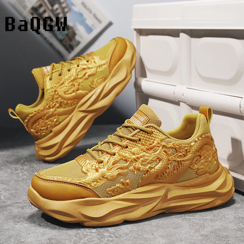 Chinese Style 2024 New Year Dragon Pattern Carving Fashion Men's Sneakers Casual Sport Running Shoes Designer Luxury Breathable