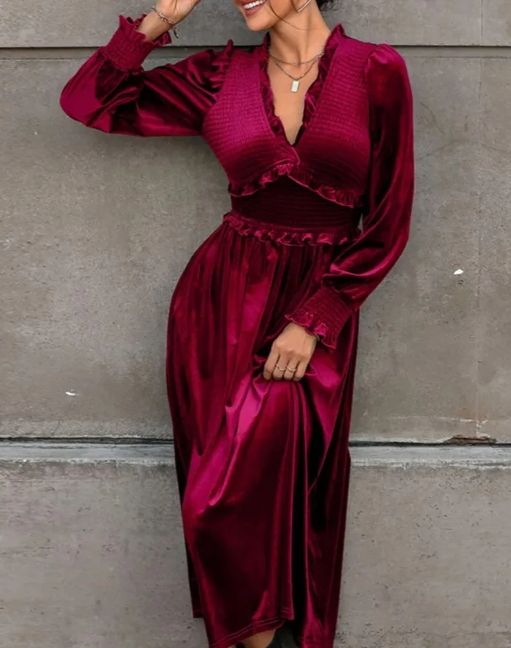Outono/inverno vermelho veludo com decote em v vestido longo vintage vestidos de baile cintura alta elegante outgoning vestido de festa à noite