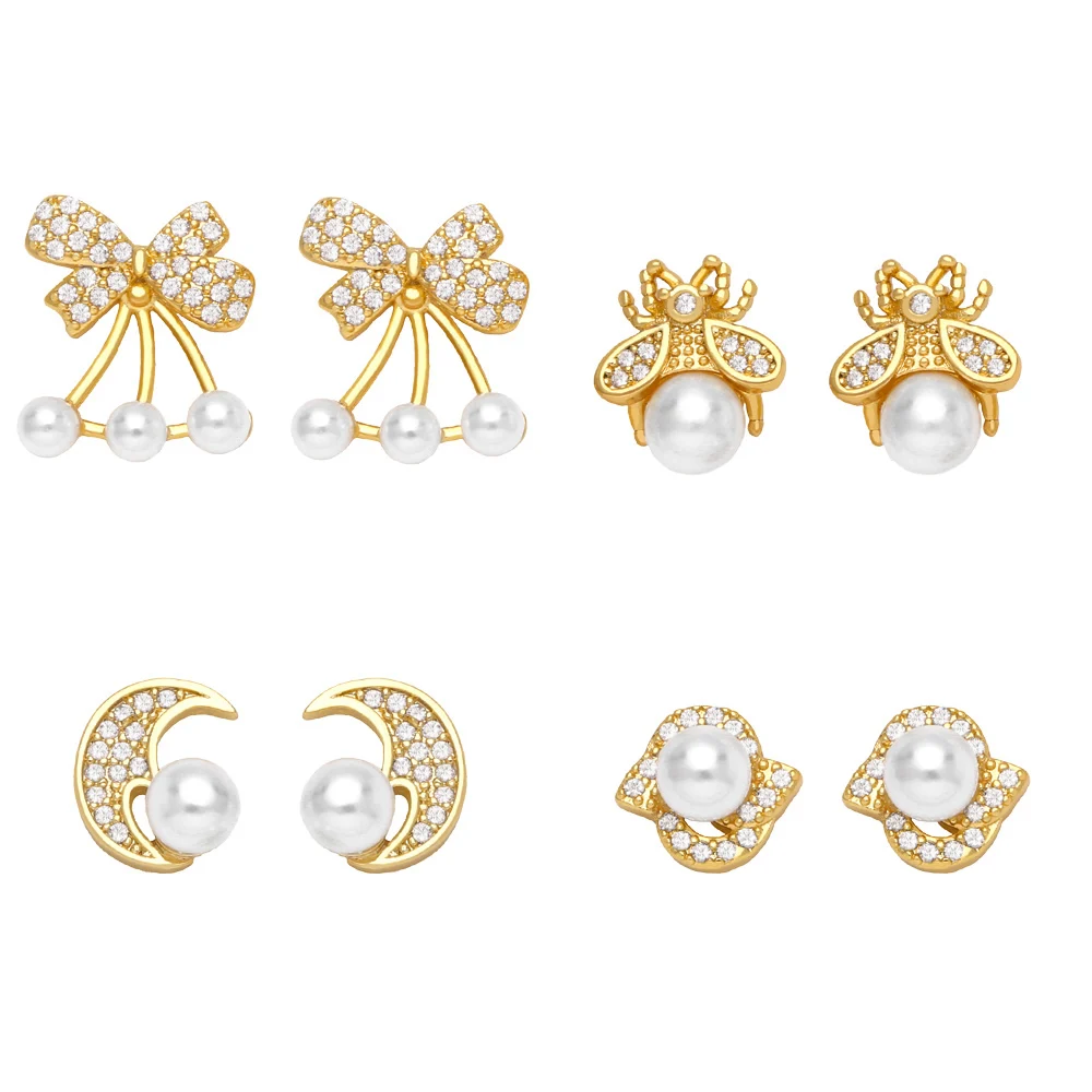 FLOLA Sweet White Pearl Cherry Earrings for Women Copper CZ Crystal Moon Earrings Small Jewelry Gifts ersa015