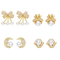 FLOLA Sweet White Pearl Cherry Earrings for Women Copper CZ Crystal Moon Earrings Small Jewelry Gifts ersa015