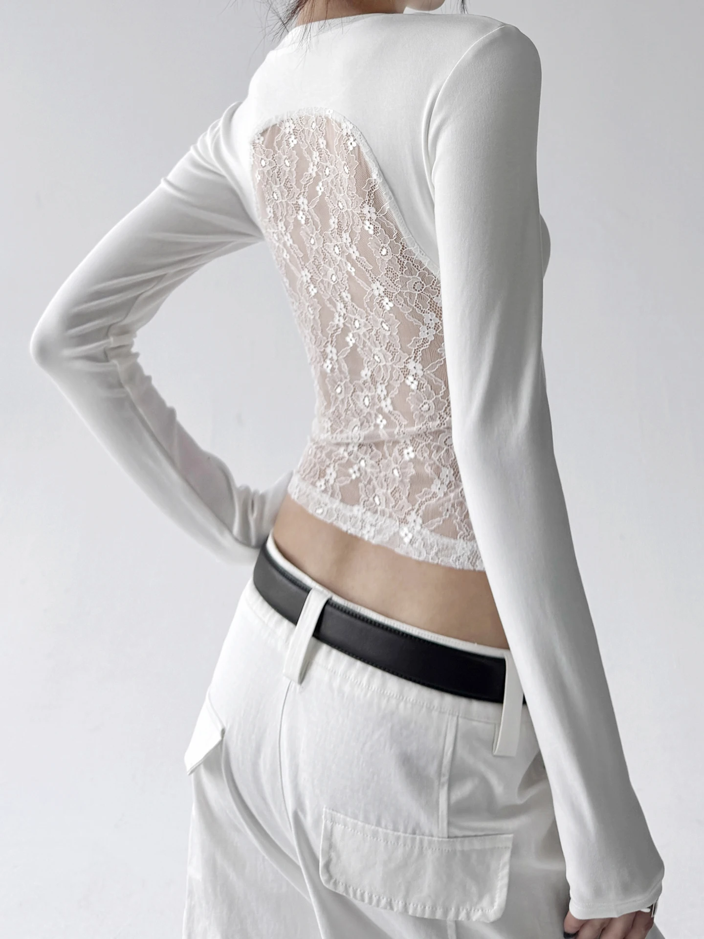 2025 outono novo sle feminino fino ajuste longo sve camiseta renda retalhos base irt casual wear para campus escritório e ci caminhada