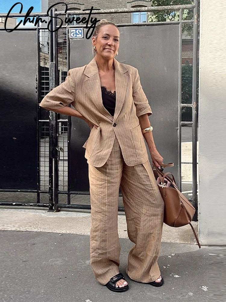 

Женские рубашки в полоску, брючный костюм с коротким рукавом и отложным воротником на одной пуговице, женские комплекты 2021, летняя мода, комплект из 2 предметов для женщин