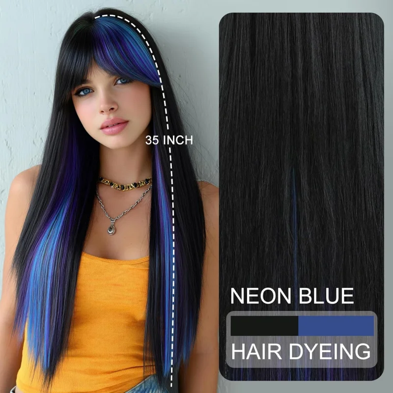 

Long Black & Blue Highlight Straight Synthetic Wig – High Layered, Curtain Bangs, Heat Resistant, Women, Daily & Party