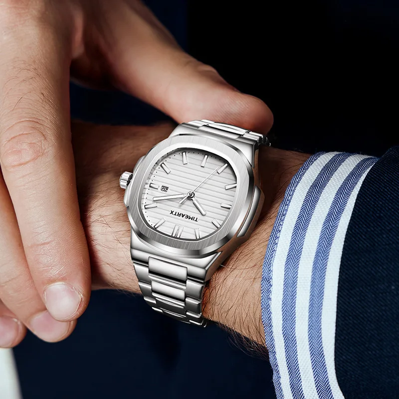 TIMEARTX Fashion Men Quartz Watch  Date High Quality Life Waterproof Stainless Steel Watches Luminous Clock