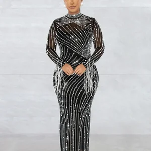 CM.Yaya-Women Mesh Long Sleeve Bodycon Midi-Kleid, Diamanten, heiße Kieselsteine, Maxi-Tankkleid, innere Kleider, 2 Stücke Anzug 8 Hauptverkäufe langes Chiffon gepresstes Kleid - №6