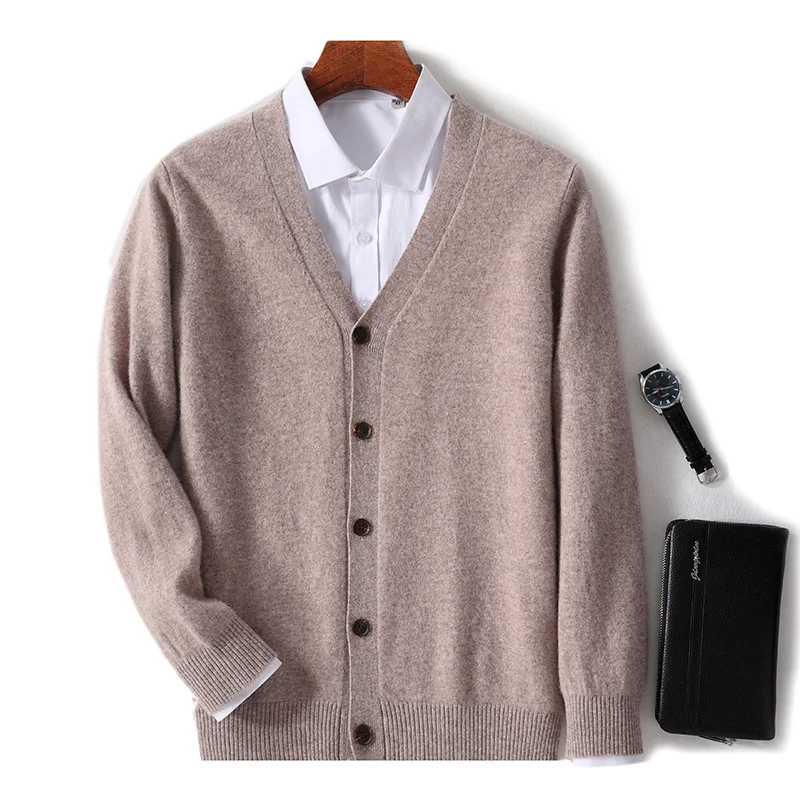 Autumn And Winter 100% Wool Cardigan Men's V-neck Solid Color Sweater Business Casual Coat Knitted Bottoming Shirt