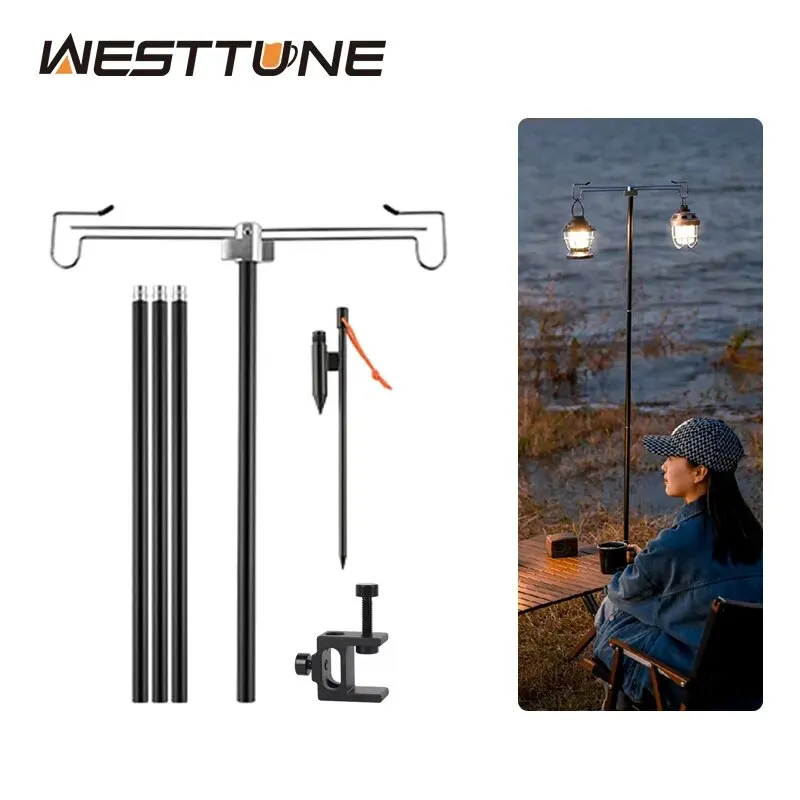 WESTTUNE Camping Lamp Stand with Double Hooks Aluminum Alloy Foldable Lamp Pole Telescopic Outdoor Light Holder Lamp Hanger