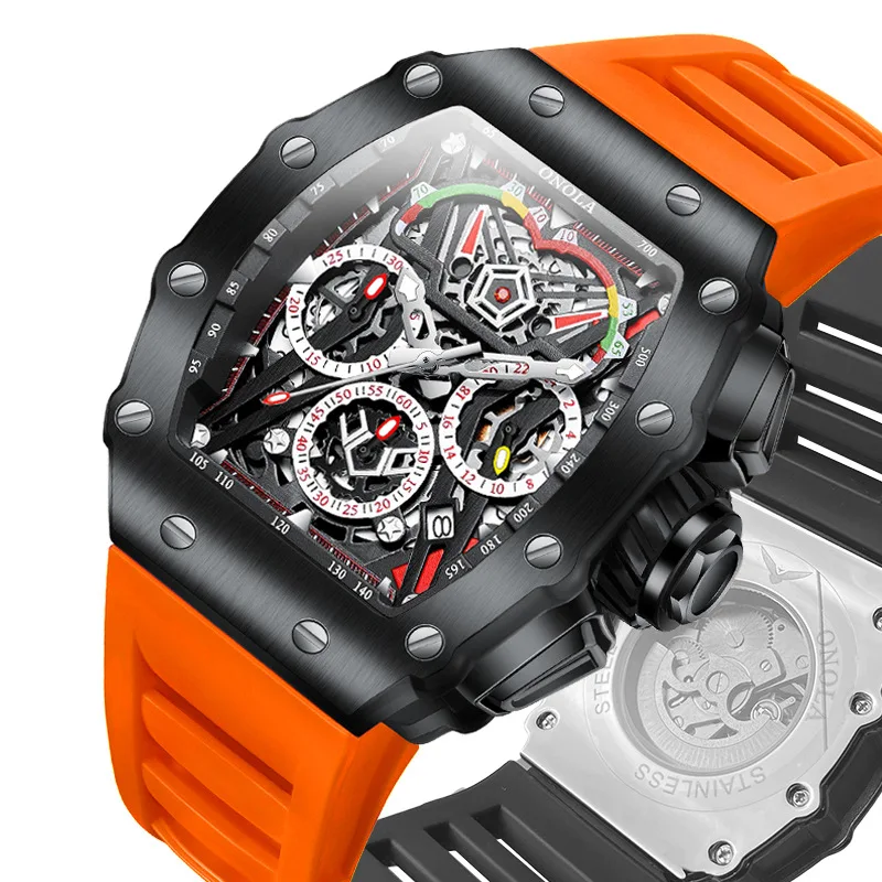 ONOLA Fashion Automatic Mechanical Men Matches Chronograph Luminous Waterproof Sports Silicone Strap Multifunction Man Watch New