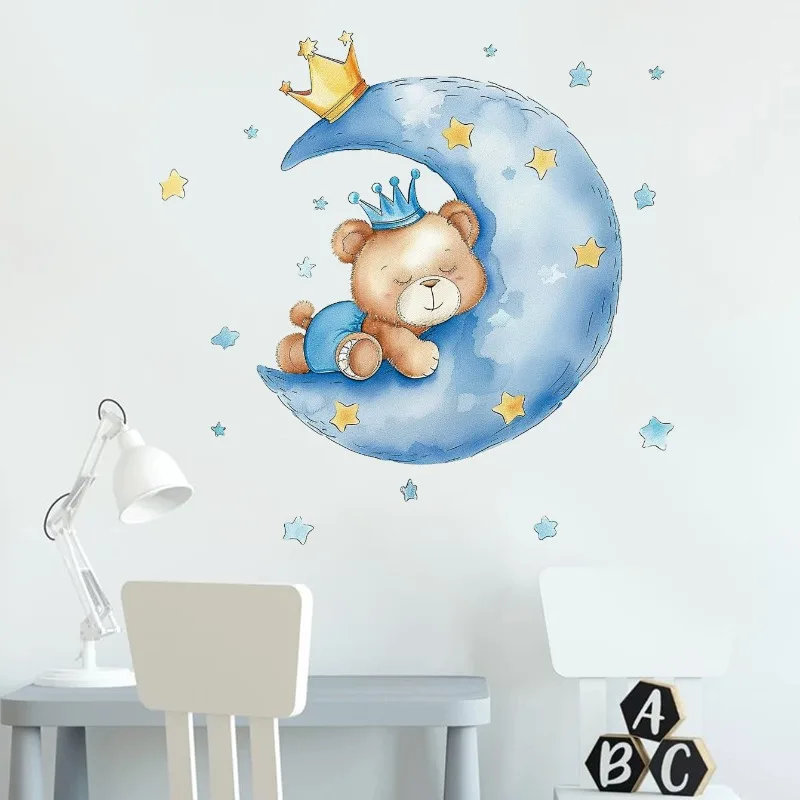 Moon Star Sleeping Bear Children's Room Sticker Living Room Bedroom Decoration Self-Adhesive Wall Sticker