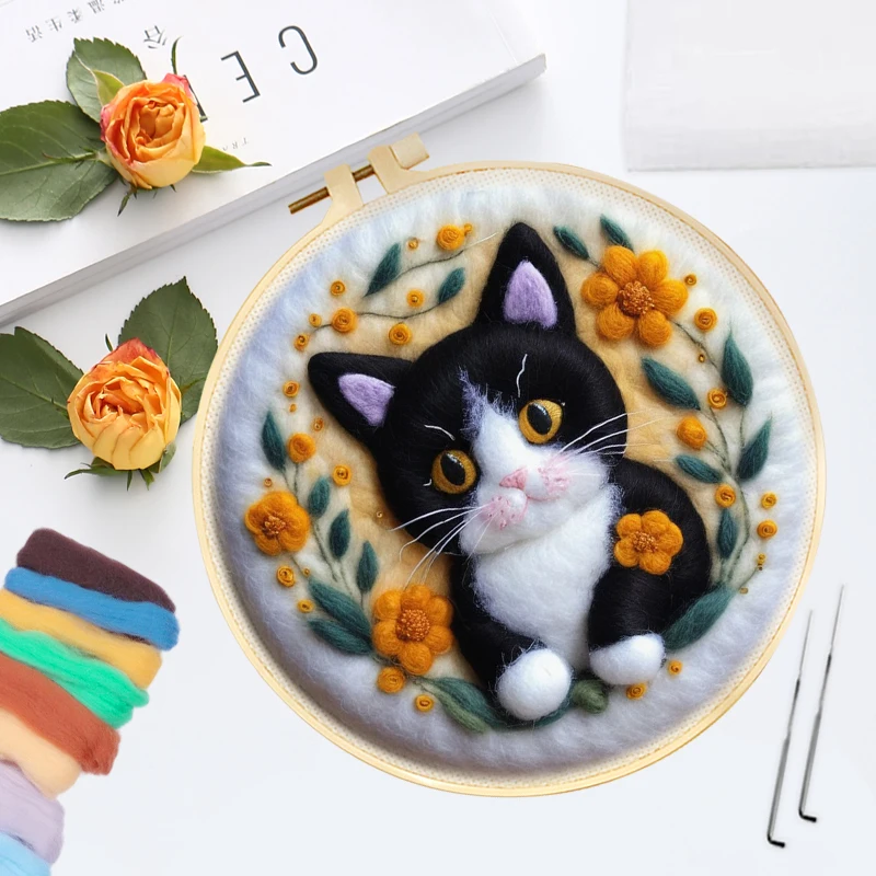 CHENISTORY lana ago infeltrimento pittura gatto animale fai da te lana ago feltro Kit immagine pittura regalo artigianato decorazioni per la casa