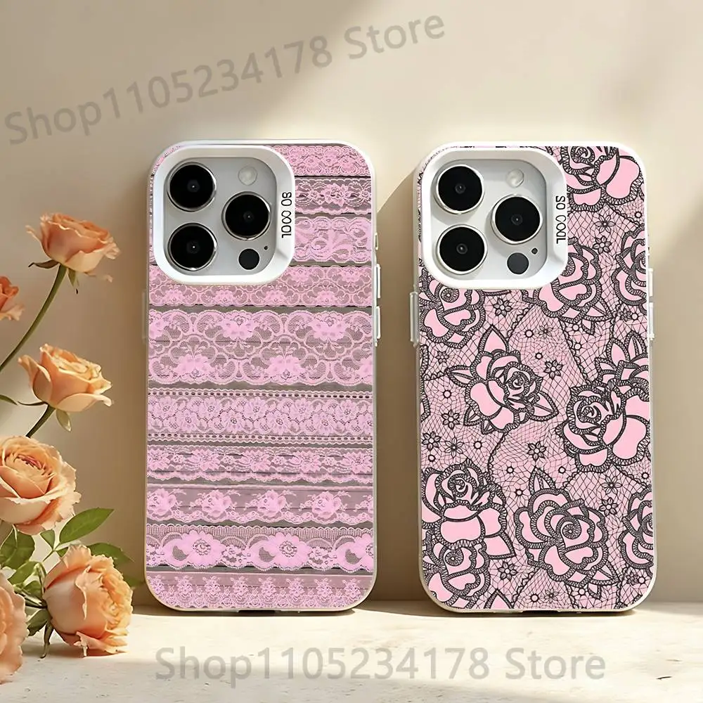 

Vintage Pink Lace Phone Case For iPhone 17,16,13,12,11,15,14,Pro,Max,Plus,SE4,Air,Mini White IMD Matte