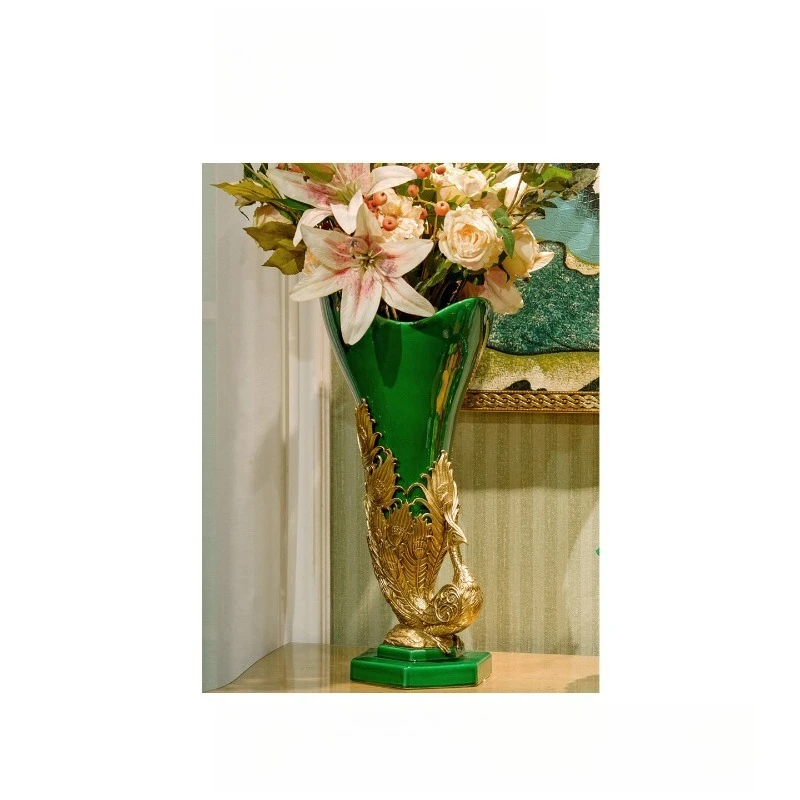 Green peacock vase ornament, flower arrangement in living room, high-end new Chinese entrance decoration