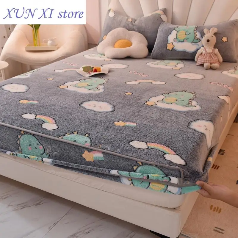 New Winter flannel elastic fitted sheet mattress cover warm bedspread print floral plush luxury double bed sheet no pillowcase