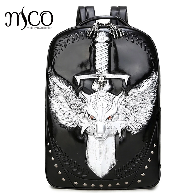 Avant Garde Men Backpack Leather Bagpack Student 3D Embossed Spatial Wolf Sword Skull Travel Shoulders Laptop School Bag Restore