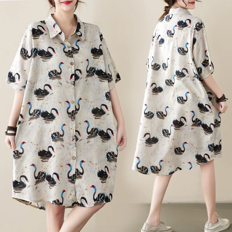 #3371 Summer Cotton Linen Shirt Dress Short Sleeve Asymmetrical Shirt Dress Loose Vintage Animal Printed Vestidos Front Buttons