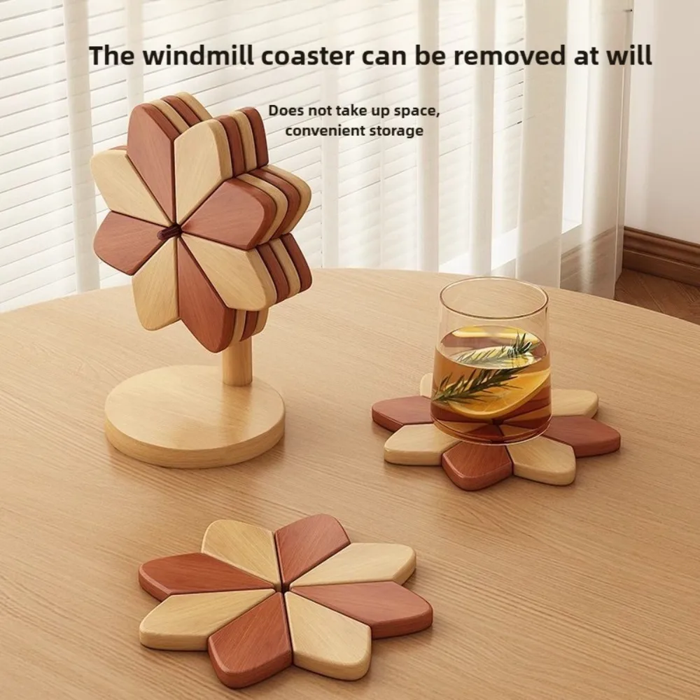 

Creative Windmill Wooden Coaster Set Heat-Resistant Non-Slip Trivet Stylish Flower-Shaped Table Protector for Home Kitchen Decor