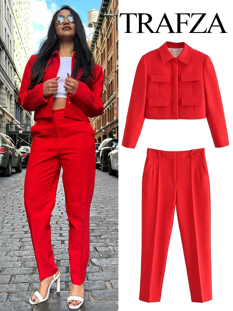 TRAFZA Women Autumn Fashion Single Breasted Turn Down Collar Red Coats+Female Chic Casual Office Lady Slim Pants 2 Piece Suit