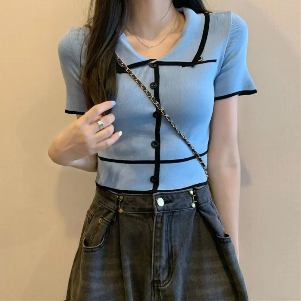 

Flip Collar Short Sleeve Crop Top Ins Slim Fit Stripe Knitted T-shirt Female Clothing Bottoming Shirt Knitwear Women Summer