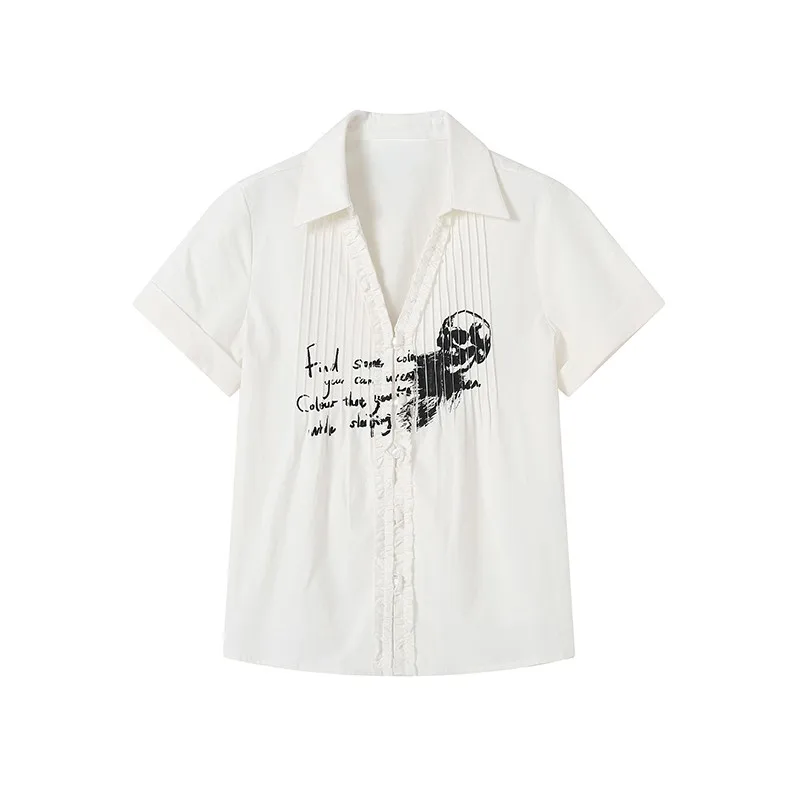 Chemise Plissée Grunge Gothique à Imprimé Tête de Mort, Blouse Blanche à Col en V, Style Japonais des Années 2000, Harajuku, Karr233 Y2k